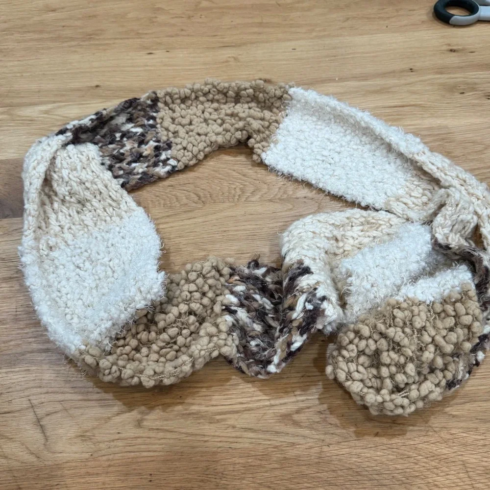 Handmade Chunky Knit Infinity Scarf Multi Texture Metallic Brown Tan Cream 64in